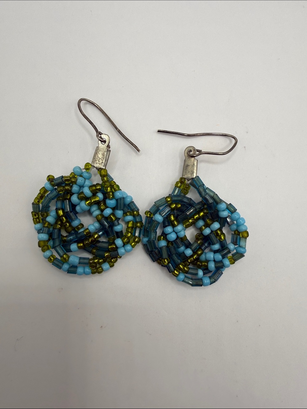 Vintage Native American Style Blue Green Seed Beaded Dangle Drop Earrings